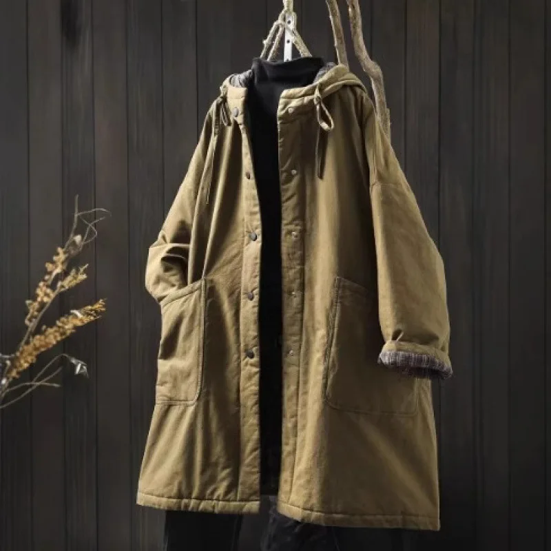 Women's Oversized Loose Retro Thick-Padded Mid-Length Hooded Cotton Coat Large Pockets Autumn Winter Trench Coat Warm Tops Parka
Women's Oversized Loose Retro Thick-Padded Mid-Length Hooded Cotton Coat Large Pockets Autumn Winter Trench Coat Warm Tops Parka