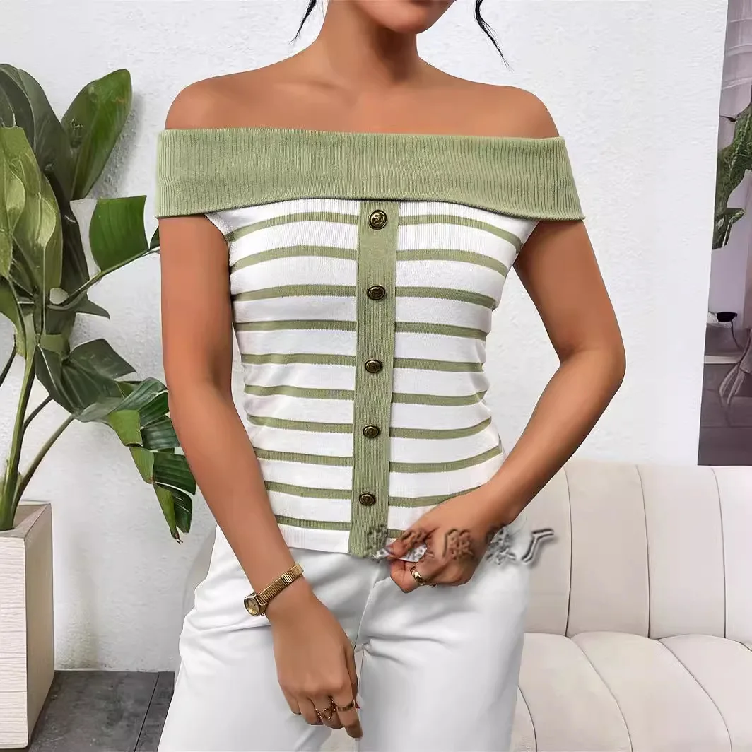 Slim Fit Stripe Knitted Top Women Summer New Short Sleeve Off-shoulder Bateau Neck Pullover Sweater Fashion Street Casual Top
Slim Fit Stripe Knitted Top Women Summer New Short Sleeve Off-shoulder Bateau Neck Pullover Sweater Fashion Street Casual Top