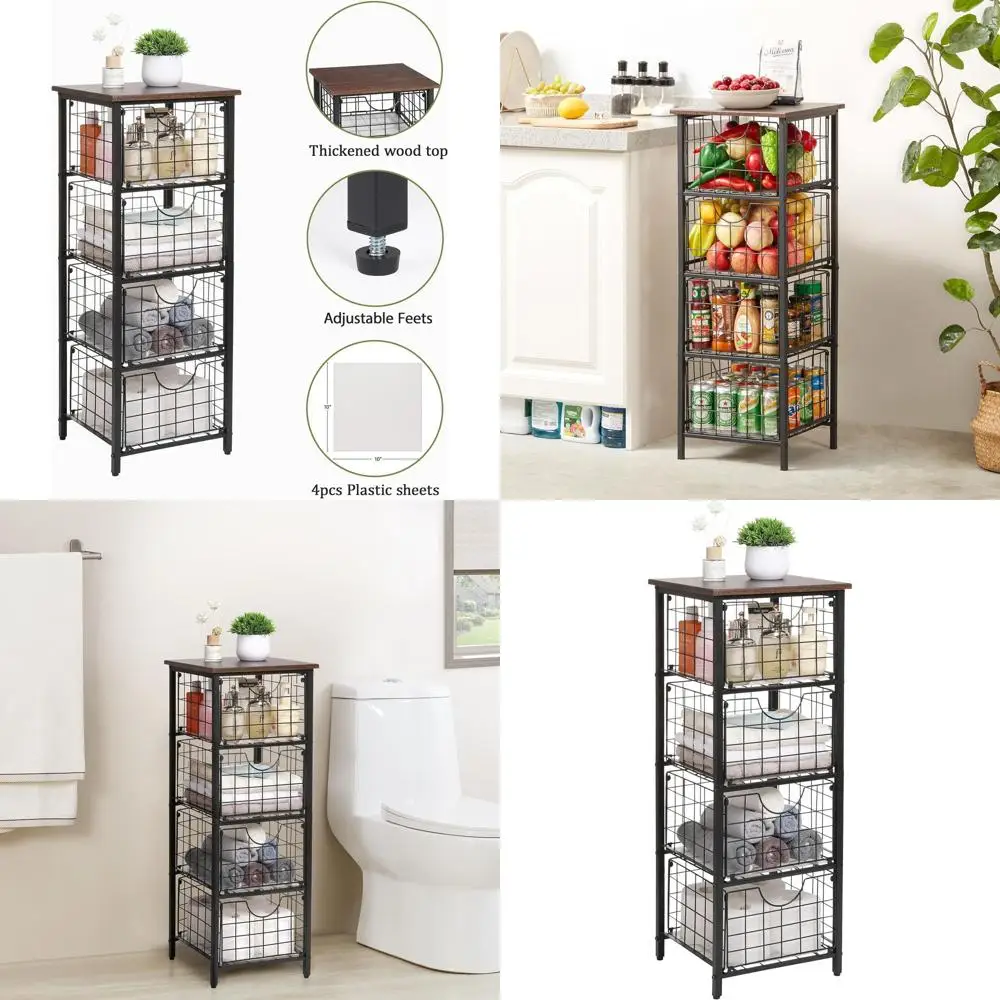 5-Tier Rolling Storage Shelves with 4 Baskets, Wood Top Bathroom Organizer, Fruit Basket or Kitchen Storage Cart, Black
5-Tier Rolling Storage Shelves with 4 Baskets, Wood Top Bathroom Organizer, Fruit Basket or Kitchen Storage Cart, Black