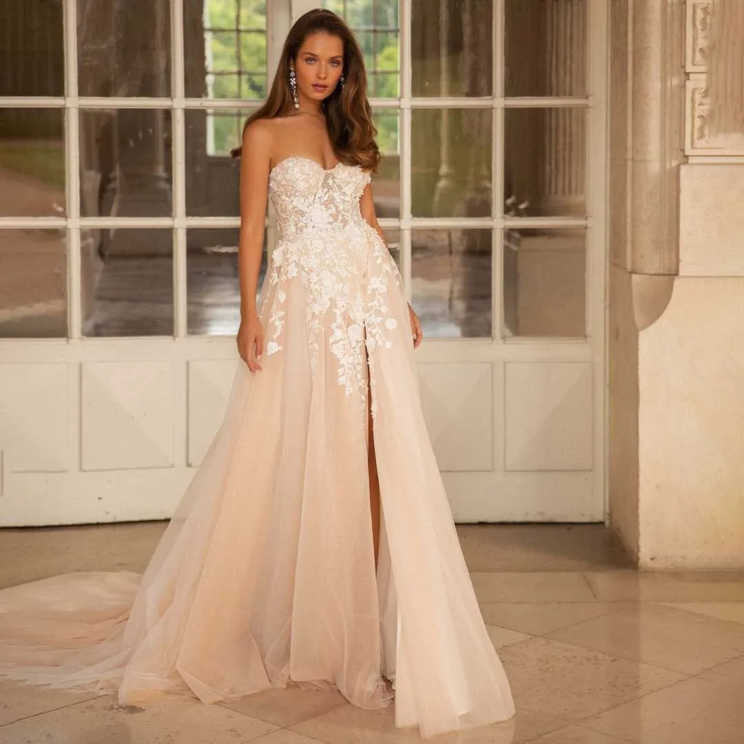 Tulle Classic Strapless Wedding Dresses Sweetheart A-line High Slit Appliques Sequin Evening Dress Elegant Boho Brides Prom Gown
Tulle Classic Strapless Wedding Dresses Sweetheart A-line High Slit Appliques Sequin Evening Dress Elegant Boho Brides Prom Gown