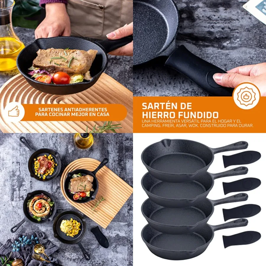 Cast Iron Frying Pan Set of 4-6x4 Inch Pre-Seasoned Skillets with Heat-Resistant Silicone - Mini Cast Iron Skillet Set for Stov
Cast Iron Frying Pan Set of 4-6x4 Inch Pre-Seasoned Skillets with Heat-Resistant Silicone - Mini Cast Iron Skillet Set for Stov