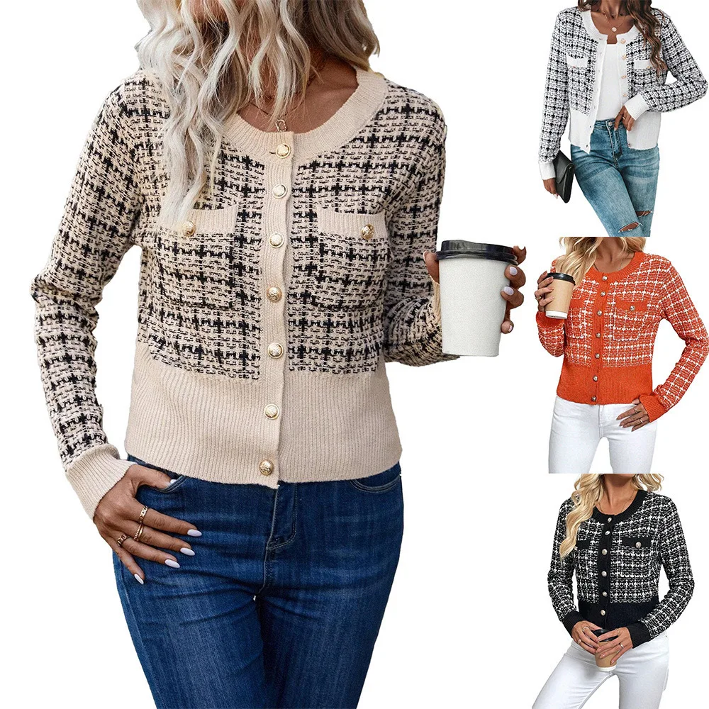2024 Spring Autumn Plaid Pattern Button Detail Flip Cover Front Knitted Polyester Women's Sweater Independent Station id De...
2024 Spring Autumn Plaid Pattern Button Detail Flip Cover Front Knitted Polyester Women's Sweater Independent Station id De...