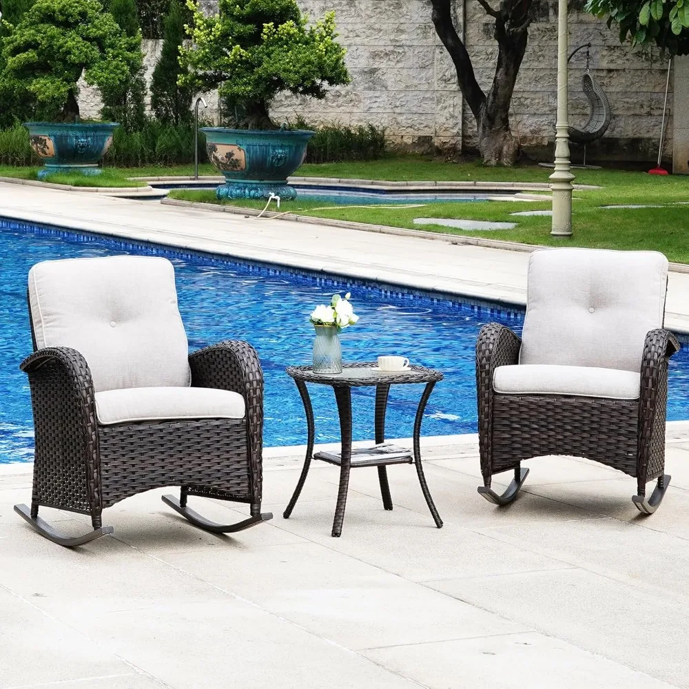 3-Piece Outdoor Wicker Rocking Chair Set with Cushions & Glass Side Table, All-Weather PE Rattan Lounge Set, Luxury Patio Furnit
3-Piece Outdoor Wicker Rocking Chair Set with Cushions & Glass Side Table, All-Weather PE Rattan Lounge Set, Luxury Patio Furnit