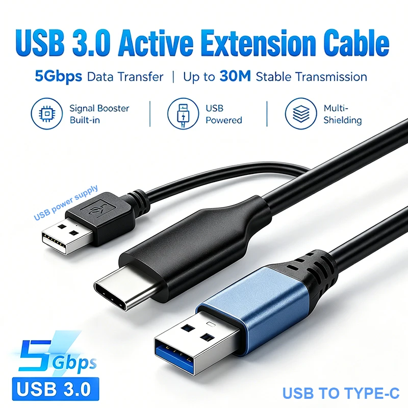 USB To Type-C Data Cable USB 3.0 Cable 5 Gbps Transmission 5M 10M 20M 25M 30M USB Extension Cable with Signal Amplifier
USB To Type-C Data Cable USB 3.0 Cable 5 Gbps Transmission 5M 10M 20M 25M 30M USB Extension Cable with Signal Amplifier