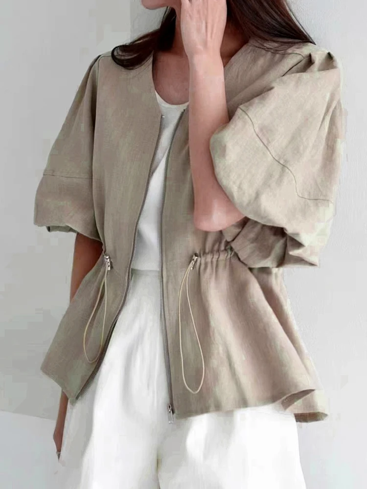 Slim Fit ort irt Jaet Women's Summer V-Ne Bubble Sve Waist-Cinching Design Zipper Outerwear Top Faion Commute Sle
Slim Fit ort irt Jaet Women's Summer V-Ne Bubble Sve Waist-Cinching Design Zipper Outerwear Top Faion Commute Sle