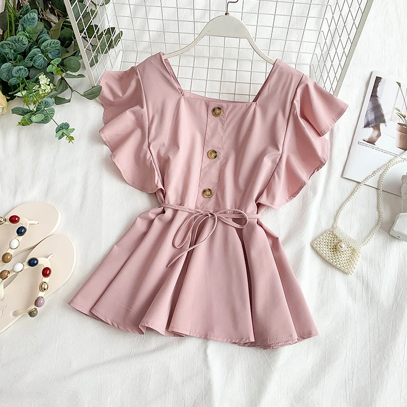 Summer Flavor Square Collar Flying Sleeve Single-Breasted Waist Lace-up Ruffle Hem Doll Shirt Women's Shirt Chiffon Shirt
Summer Flavor Square Collar Flying Sleeve Single-Breasted Waist Lace-up Ruffle Hem Doll Shirt Women's Shirt Chiffon Shirt