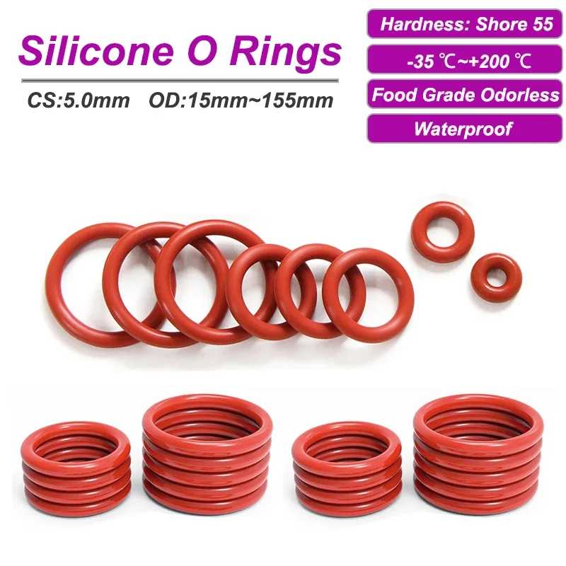 Red VMQ O Ring Gasket Thickness CS 5.0mm OD 15 ~ 155mm Food Grade Sealing Temperature Resistant Silicone Gasket Rubber Ring
Red VMQ O Ring Gasket Thickness CS 5.0mm OD 15 ~ 155mm Food Grade Sealing Temperature Resistant Silicone Gasket Rubber Ring