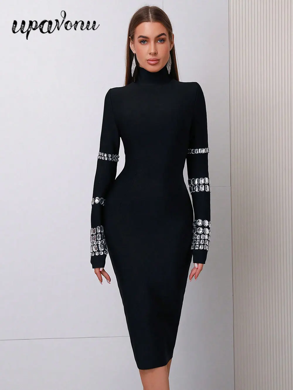 2025 Elegant Women's Bead Design Bandage Dress High Neck Long Sleeve Bodycon Flute Dress Cocktail Evening Party Vestidos
2025 Elegant Women's Bead Design Bandage Dress High Neck Long Sleeve Bodycon Flute Dress Cocktail Evening Party Vestidos