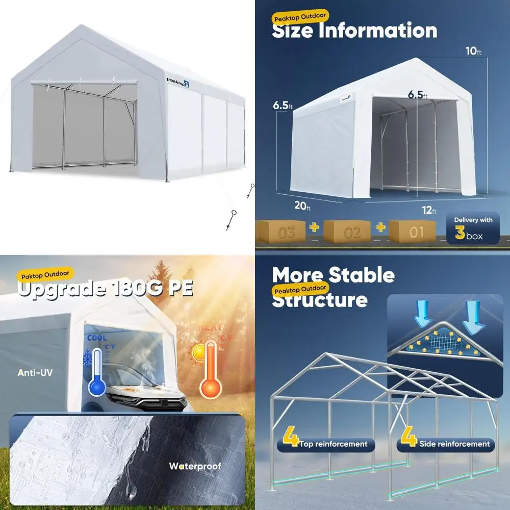 Sturdy 12x20 ft Carport with Detachable Sides, Portable Car Cover, Garage Tent, Boat Shelter featuring Reinforced Triangular Str
Sturdy 12x20 ft Carport with Detachable Sides, Portable Car Cover, Garage Tent, Boat Shelter featuring Reinforced Triangular Str