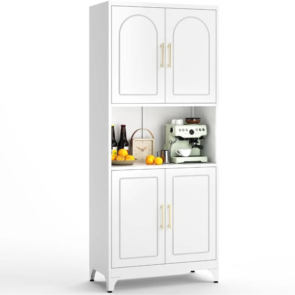 75" Tall Kitchen Pantry Storage Cabinet, 4-Door Metal Cabinet with Adjustable Shelves - White Hutch with Microwave Stand for Din
75" Tall Kitchen Pantry Storage Cabinet, 4-Door Metal Cabinet with Adjustable Shelves - White Hutch with Microwave Stand for Din