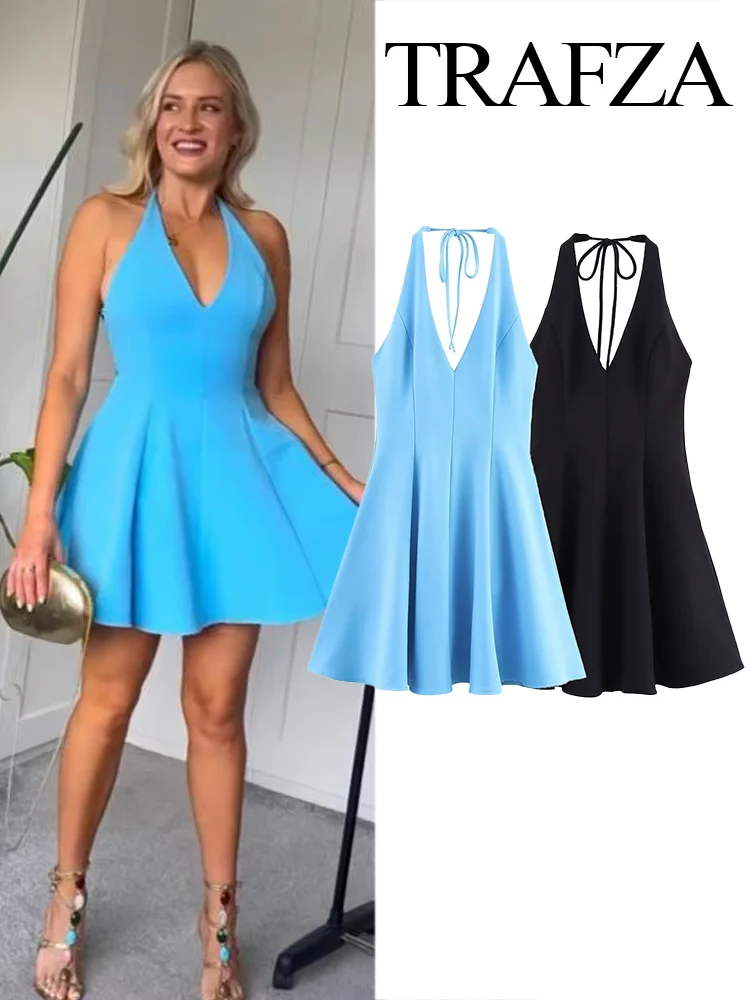 TRAFZA Women Summer Fashion V-Neck Sexy Backless Party Sleeveless Dress Female Elegant Rear Zipper Lace-up Pleated Short Dress
TRAFZA Women Summer Fashion V-Neck Sexy Backless Party Sleeveless Dress Female Elegant Rear Zipper Lace-up Pleated Short Dress
