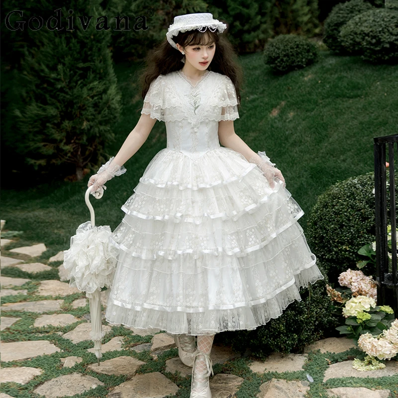 French Elegant Retro White Long Dress Summer 2025 Women's Sweet Slim-Fit Lace Cloak Lolita Style Dress Princess Tea Party Dress
French Elegant Retro White Long Dress Summer 2025 Women's Sweet Slim-Fit Lace Cloak Lolita Style Dress Princess Tea Party Dress