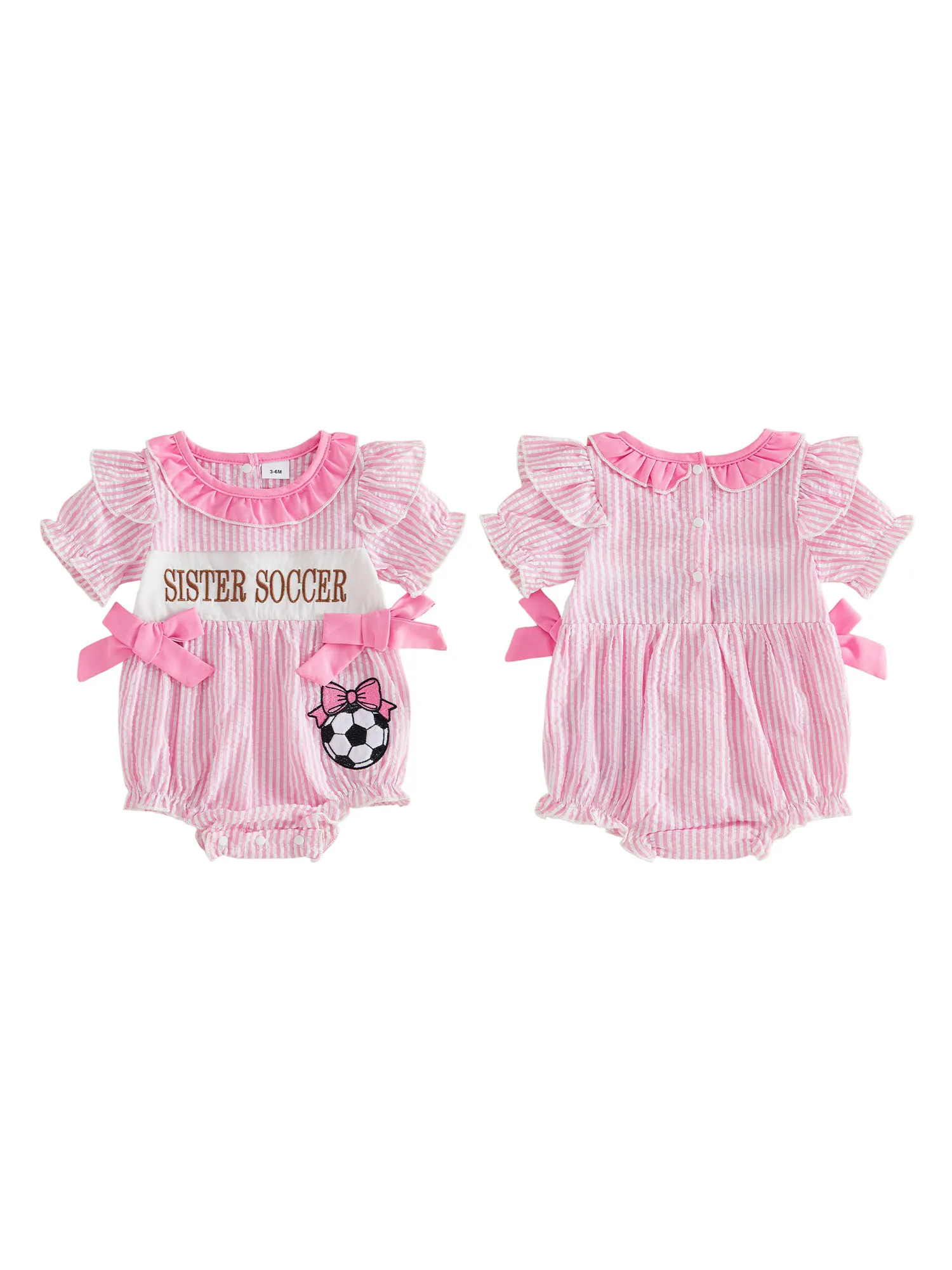 Adorable Infant Girls Striped Romper with Football Theme Embroidery Cute Bow Detail and Short Sleeves - Perfect for Summer
Adorable Infant Girls Striped Romper with Football Theme Embroidery Cute Bow Detail and Short Sleeves - Perfect for Summer