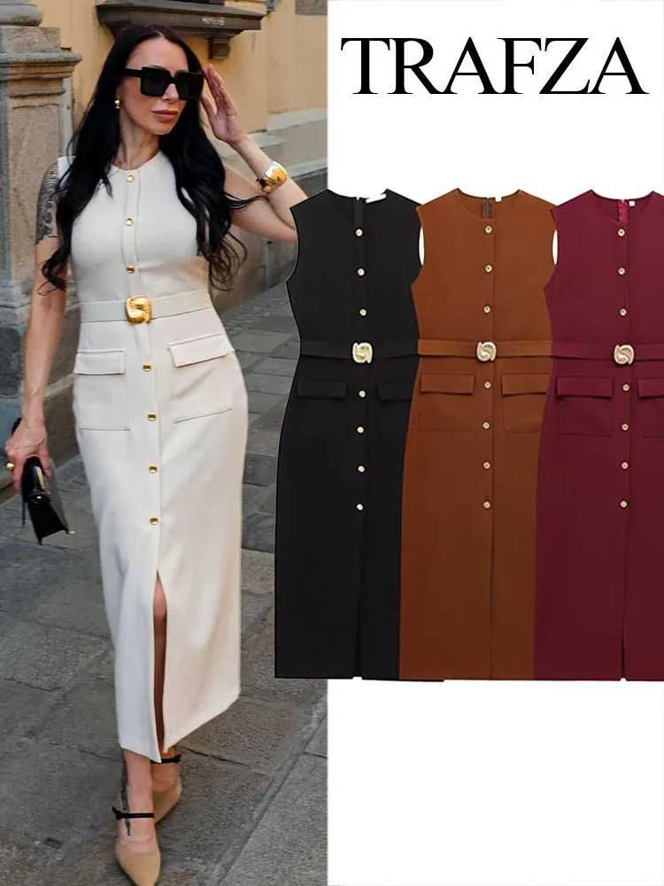 TRAFZA Women Summer Fashion Single Breasted Hem Slit Midi 8-Color Dress Female Belt Pocket Design High Street Sleeveless Dress
TRAFZA Women Summer Fashion Single Breasted Hem Slit Midi 8-Color Dress Female Belt Pocket Design High Street Sleeveless Dress