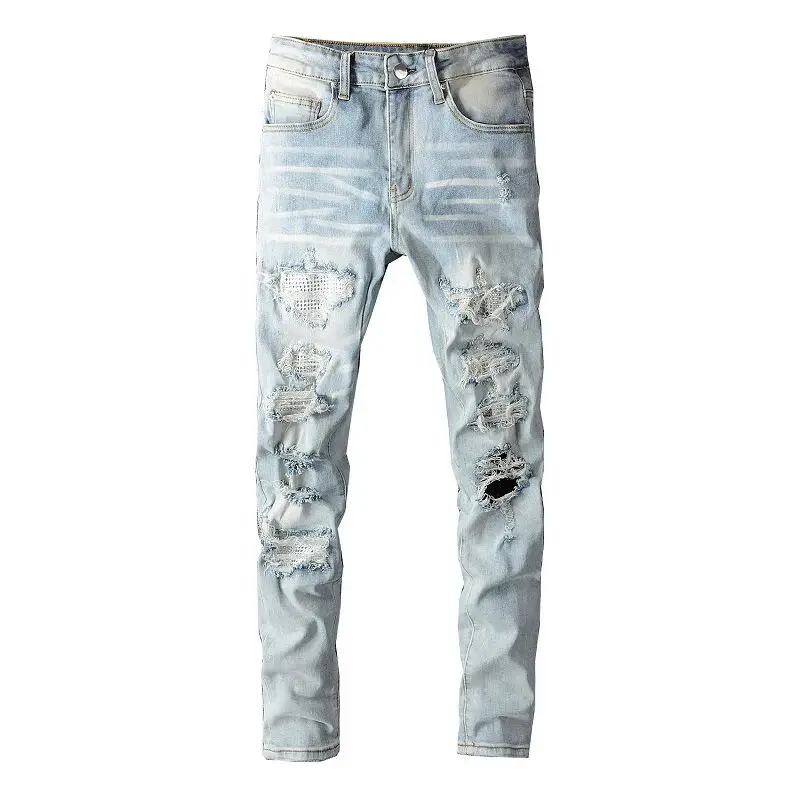 Men's Crystal Hole Ripped Patchwork Jeans Light Blue Streetwear Five-Quarter Length Casual Male Denim Trousers
Men's Crystal Hole Ripped Patchwork Jeans Light Blue Streetwear Five-Quarter Length Casual Male Denim Trousers