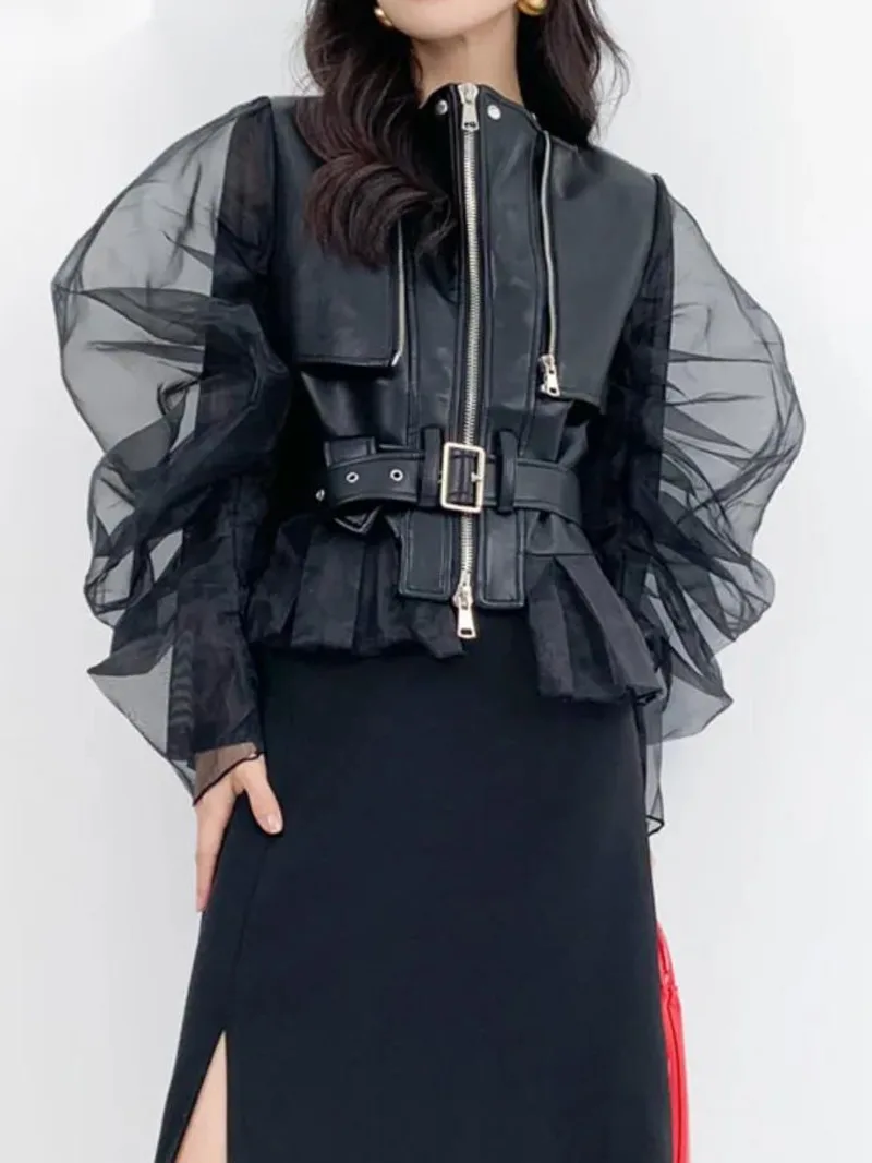 Fashion Women Leather PU Leather Lapel Zipper Fly Spliced Mesh Pile Sleeves Belt Waist Black Suede Autumn 2026 New 17G08H
Fashion Women Leather PU Leather Lapel Zipper Fly Spliced Mesh Pile Sleeves Belt Waist Black Suede Autumn 2026 New 17G08H
