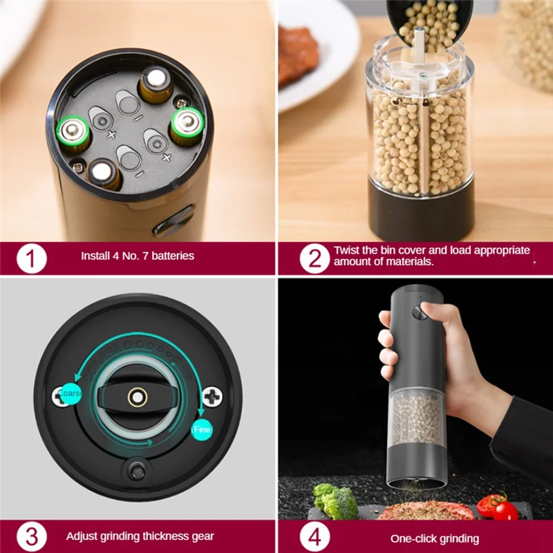 Electric Salt And Pepper Grinder One Hand Automatic Operation Adjustable Coarseness Battery Powered Automatic Grinding Durable B
Electric Salt And Pepper Grinder One Hand Automatic Operation Adjustable Coarseness Battery Powered Automatic Grinding Durable B