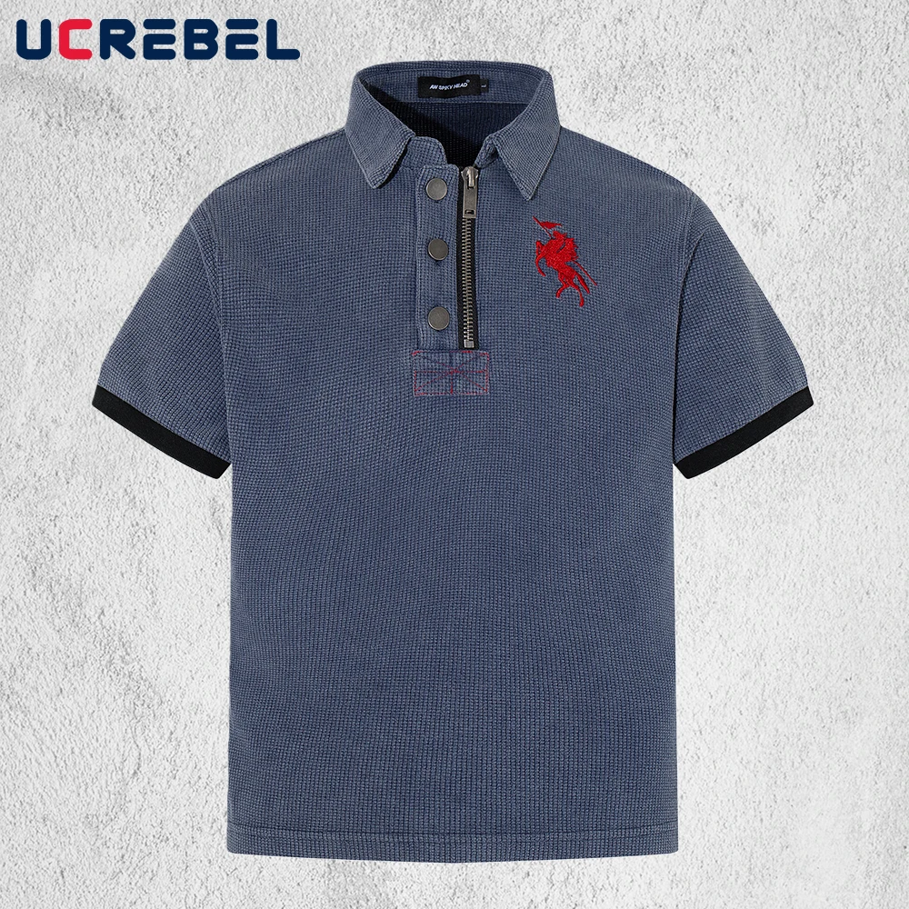 Button Decoration Polo Shirts Mens Embroidery Summer Retro High Street Loose Half-Sleeve Waffle Texture Tee Man
Button Decoration Polo Shirts Mens Embroidery Summer Retro High Street Loose Half-Sleeve Waffle Texture Tee Man