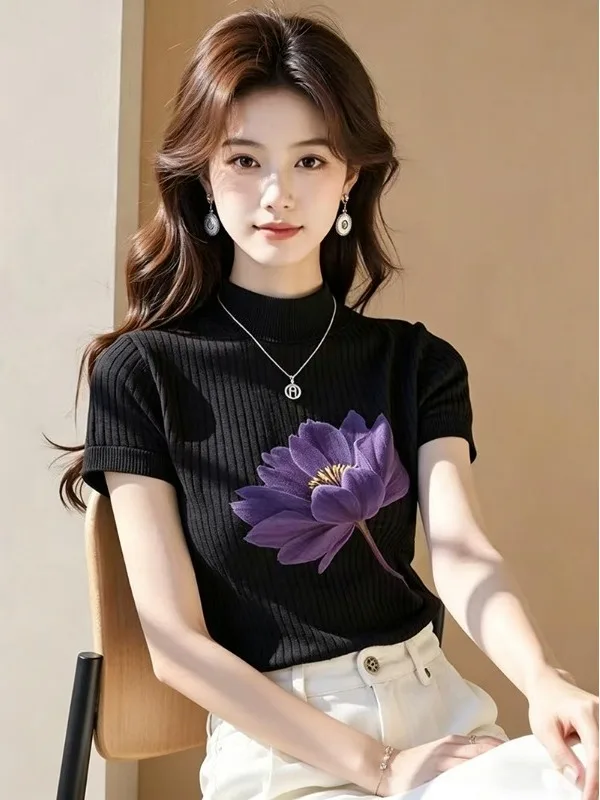 Oule Black Purple Flower Print Half High Collar Short Sleeve T-Shirt Women Summer Unique Design Beautiful Top Casual Style Kn...
Oule Black Purple Flower Print Half High Collar Short Sleeve T-Shirt Women Summer Unique Design Beautiful Top Casual Style Kn...
