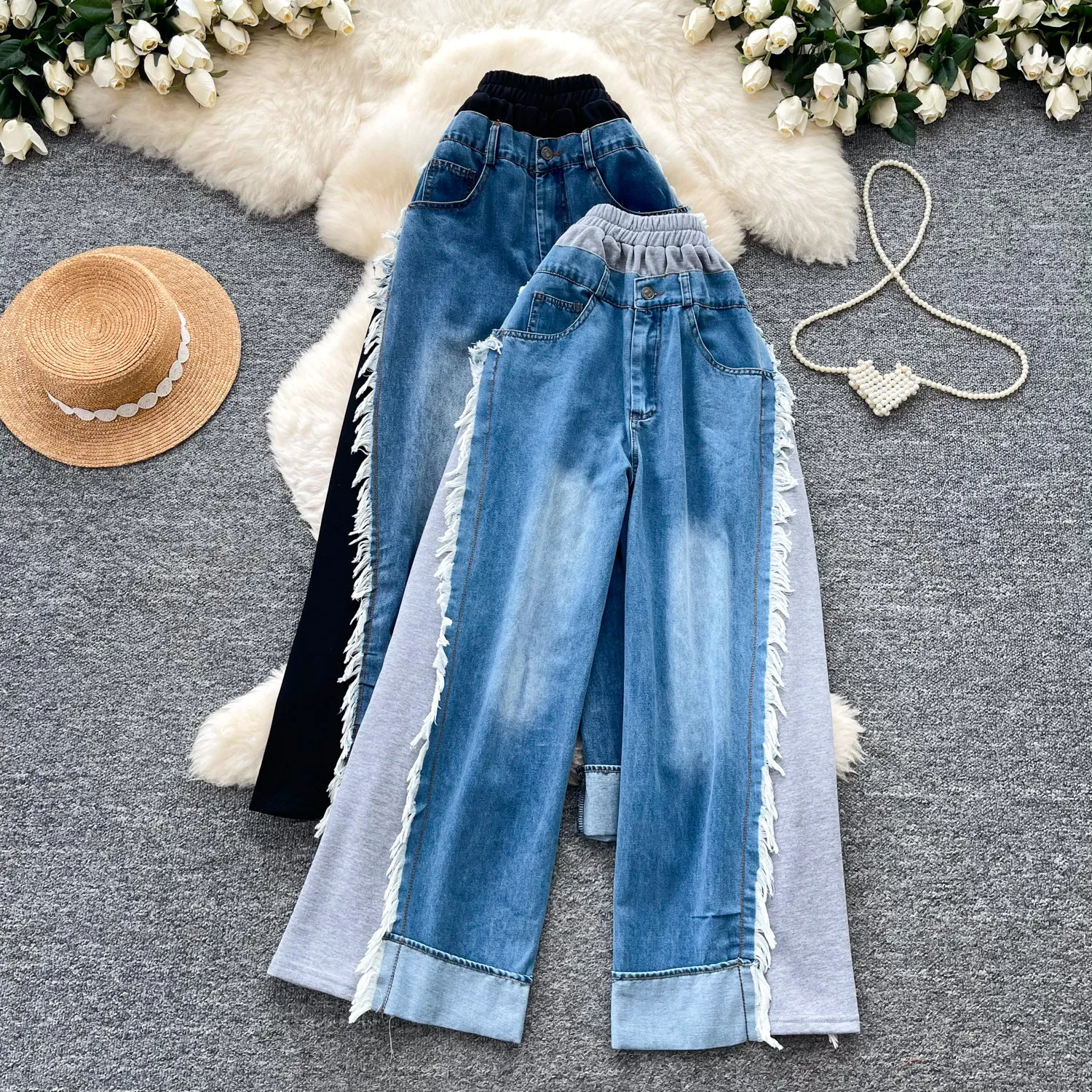 SuperAen Retro Patchwork Color-matching Distressed Denim Pants for Women Korean Style Loose Wide-leg Pants
SuperAen Retro Patchwork Color-matching Distressed Denim Pants for Women Korean Style Loose Wide-leg Pants