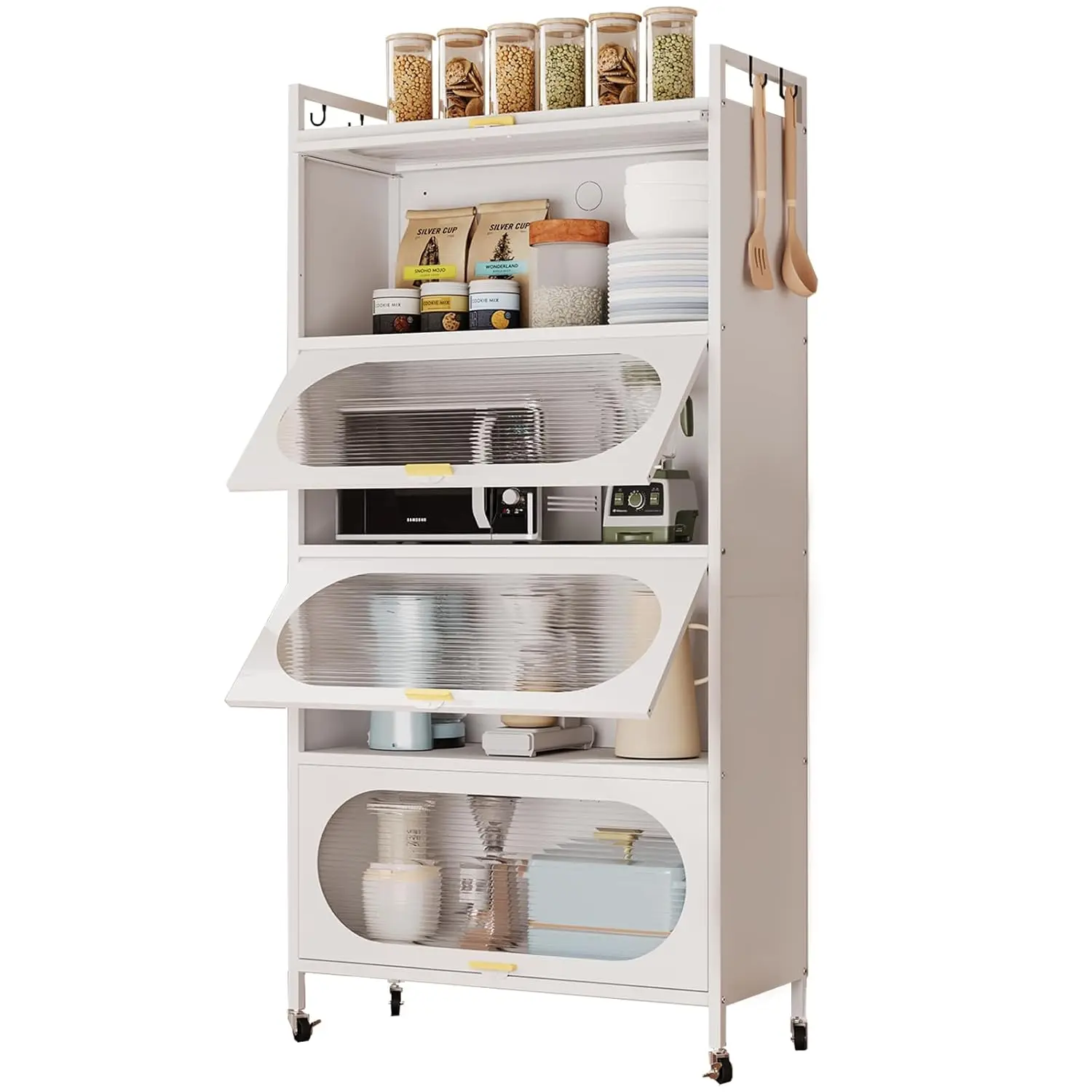 Kitchen Pantry Storage Cabinet,5 Tier Rolling Microwave Stand, Bakers Rack,Metal Pantry Cabinet with 4 Flip-up Doors for Kitchen
Kitchen Pantry Storage Cabinet,5 Tier Rolling Microwave Stand, Bakers Rack,Metal Pantry Cabinet with 4 Flip-up Doors for Kitchen