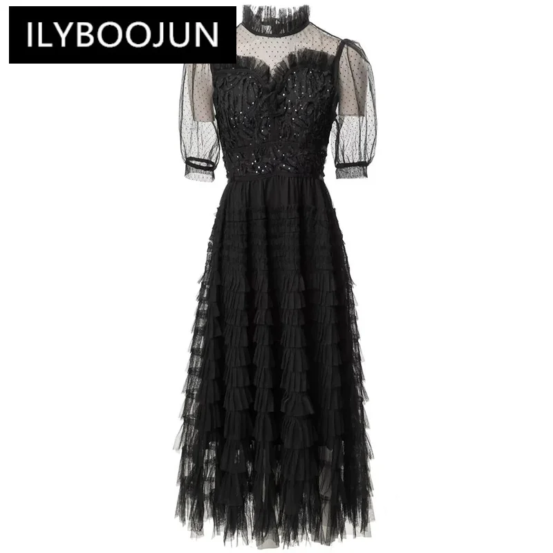 ILYBOOJUN Fashion Designer Summer Black Mesh Dress Women's Stand Collar Short Sleeve Sequins Ruffles Elegant Party Dresses
ILYBOOJUN Fashion Designer Summer Black Mesh Dress Women's Stand Collar Short Sleeve Sequins Ruffles Elegant Party Dresses