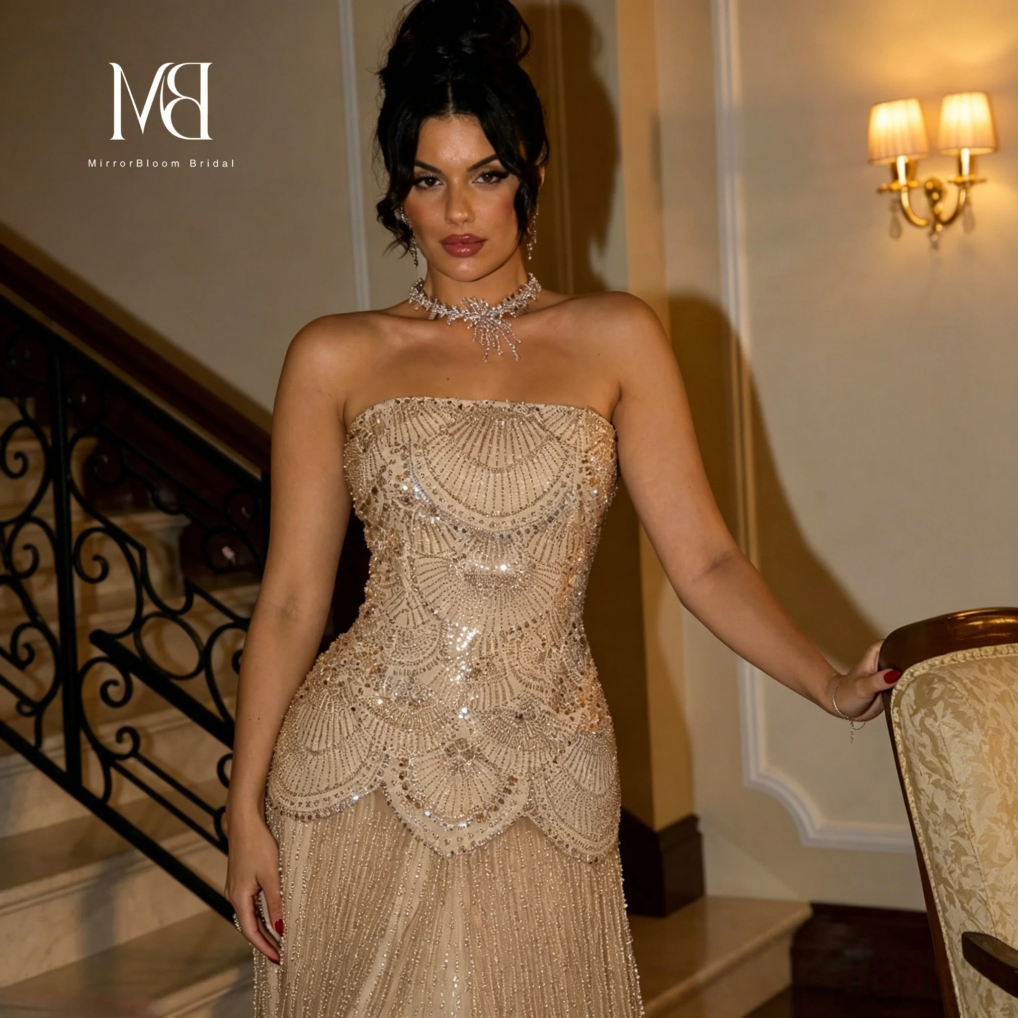 Elegant Champagne Strapless Sleeveless Fishtail Gown Floor Length Formal Evening Prom Dress with Metallic Sequin Embellishmens
Elegant Champagne Strapless Sleeveless Fishtail Gown Floor Length Formal Evening Prom Dress with Metallic Sequin Embellishmens
