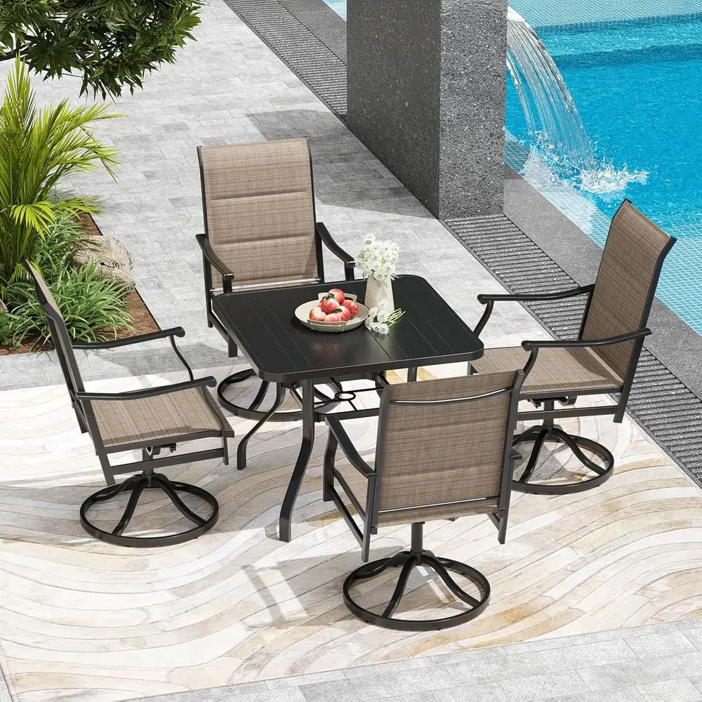 5-Piece Patio Dining Set: 4 Swivel Chairs & 35 Metal Table with Umbrella Hole, Weather-Resistant Brown Fabric
5-Piece Patio Dining Set: 4 Swivel Chairs & 35 Metal Table with Umbrella Hole, Weather-Resistant Brown Fabric