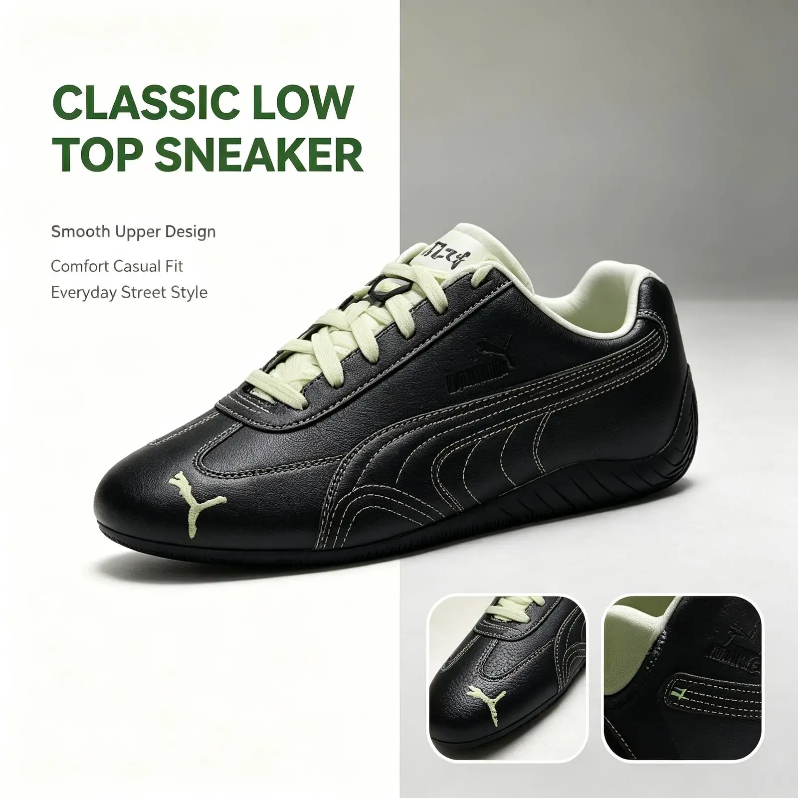 PUMA Men Black White Green Low Top Sneakers Casual Comfort Lightweight Breathable Fashion Running Shoes P225U130-03K8
PUMA Men Black White Green Low Top Sneakers Casual Comfort Lightweight Breathable Fashion Running Shoes P225U130-03K8