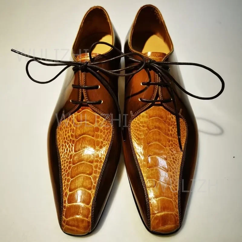 Caramel Brown Crocodile Patterned Burgundy Oxfords Men Lace Up Square Toe Party Loafers Patent Leather Flat Patchwork Derby Shoe
Caramel Brown Crocodile Patterned Burgundy Oxfords Men Lace Up Square Toe Party Loafers Patent Leather Flat Patchwork Derby Shoe