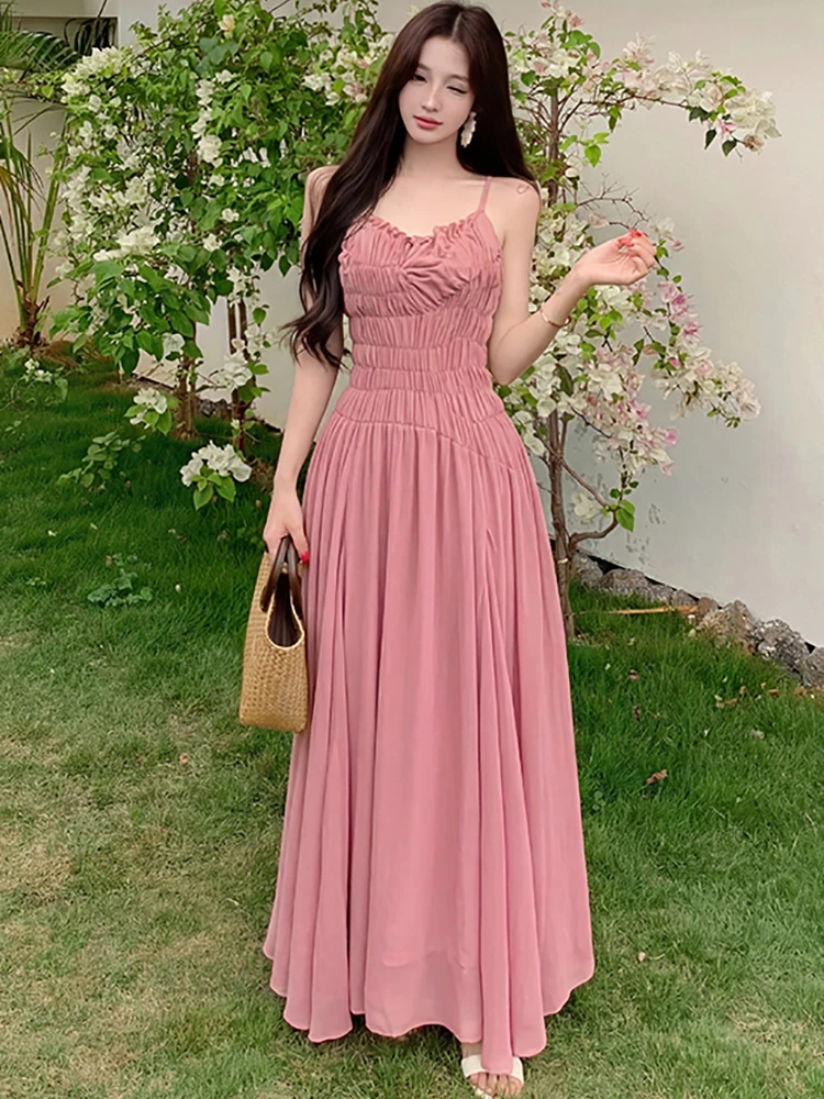 Women Pink Pleated Chic Sling Long Dress Summer Elegant Casual Ruffled Holiday Dress 2026 Korean Vintage Bodycon Evening Dresses
Women Pink Pleated Chic Sling Long Dress Summer Elegant Casual Ruffled Holiday Dress 2026 Korean Vintage Bodycon Evening Dresses