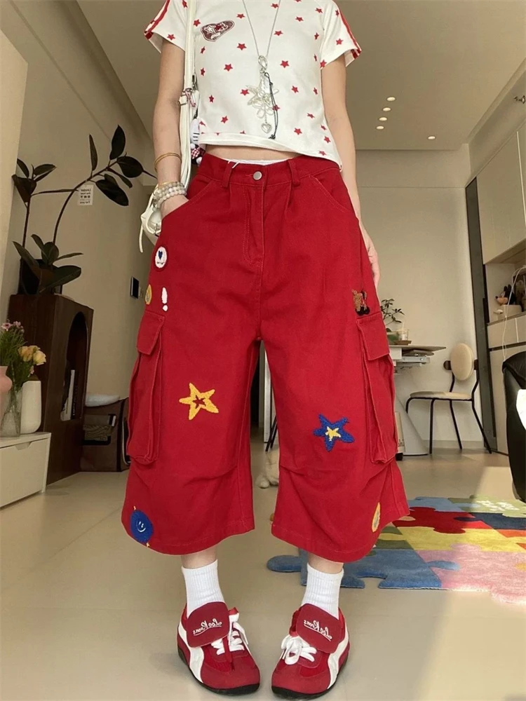Women's Star Embroidery Loose Wide Leg Calf-length Trousers Summer Young Girl Shorts Female High Waist Capris Red Pants
Women's Star Embroidery Loose Wide Leg Calf-length Trousers Summer Young Girl Shorts Female High Waist Capris Red Pants