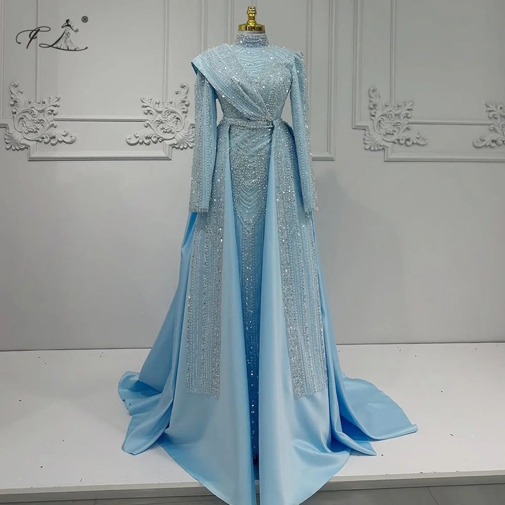 2025 Muslim evening dress light blue beaded evening dress with detachable train long sleeve ball gown long ball gown customized
2025 Muslim evening dress light blue beaded evening dress with detachable train long sleeve ball gown long ball gown customized