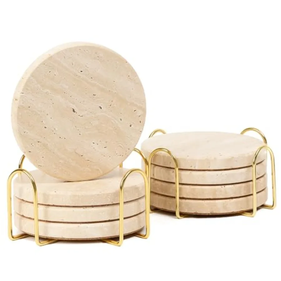 Set of 8 Travertine Coasters with Holder, 4" Round Stone Drink Coasters with Stand for Table Desk Bar - Cork Backed, Heat Resis
Set of 8 Travertine Coasters with Holder, 4" Round Stone Drink Coasters with Stand for Table Desk Bar - Cork Backed, Heat Resis