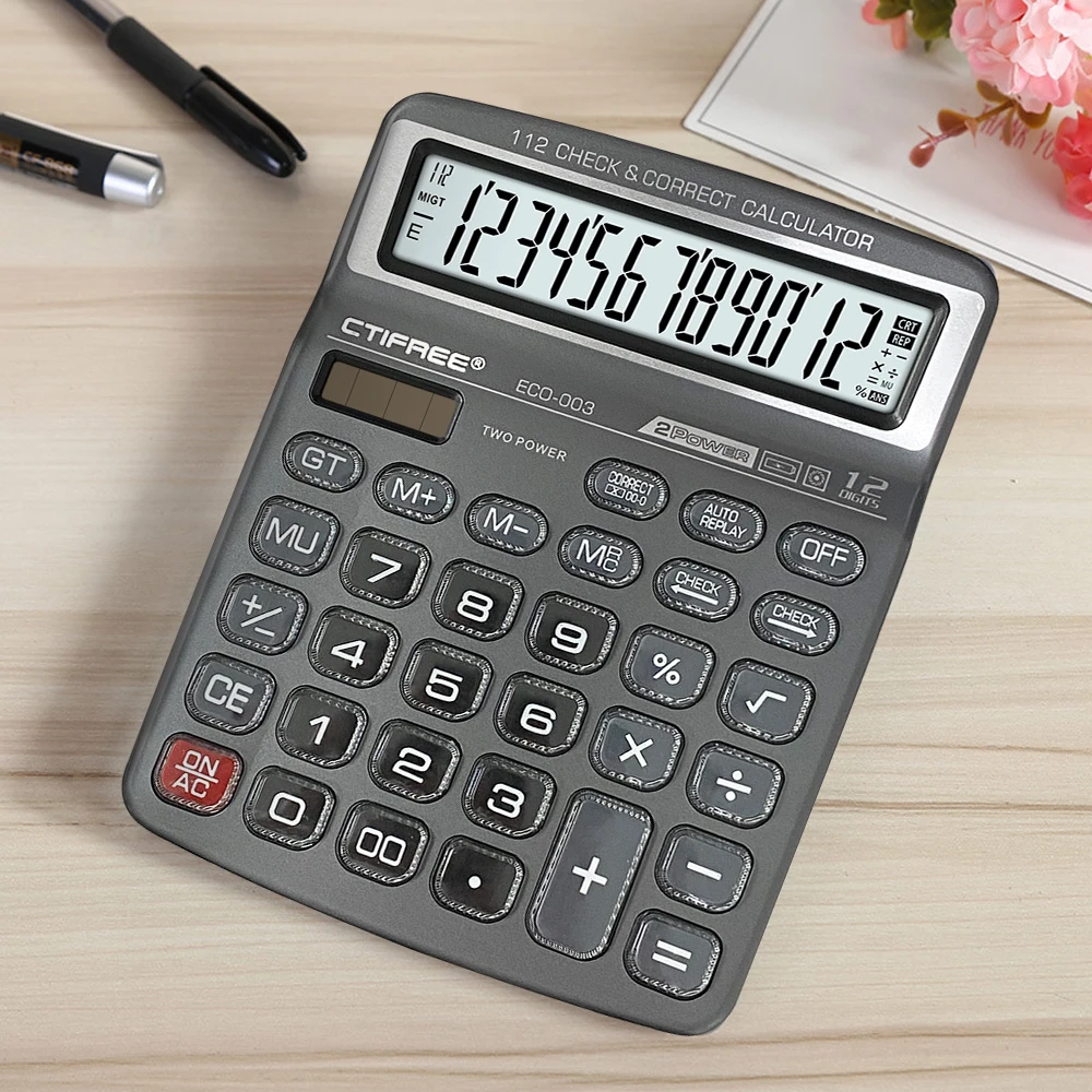 12-значный настольный калькулятор, ЖК-дисплей на солнечной энергии, калькулятор с большой кнопкой, 112 шагов, функция проверки и правильного учета для бухгалтерского учета
12-значный настольный калькулятор, ЖК-дисплей на солнечной энергии, калькулятор с большой кнопкой, 112 шагов, функция проверки и правильного учета для бухгалтерского учета
