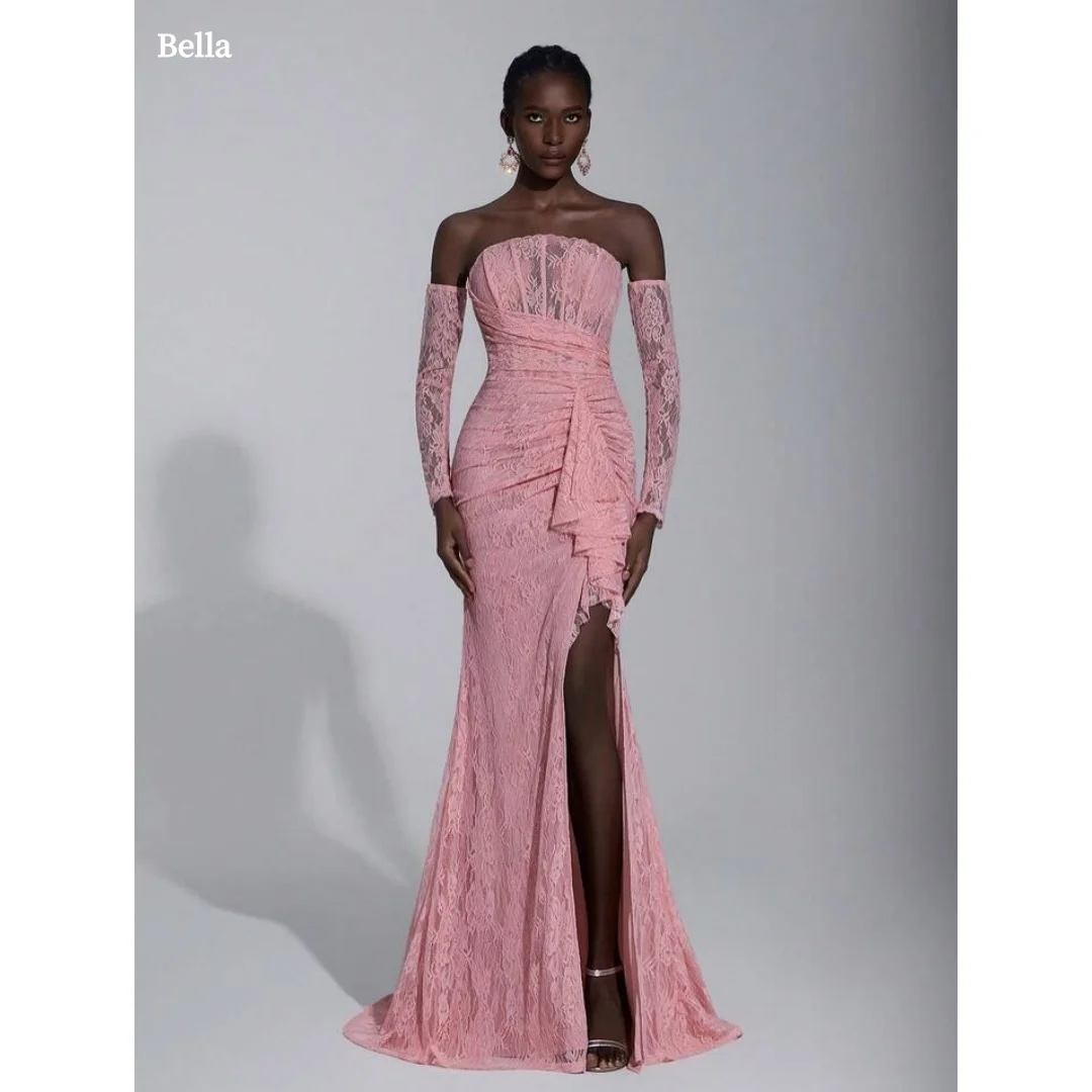 Bella Customized Blush Pink Off Shoulder Prom Dress Lace Long Sleeve Ruched High Slit Mermaid Floor Length Party Dresses Elegant
Bella Customized Blush Pink Off Shoulder Prom Dress Lace Long Sleeve Ruched High Slit Mermaid Floor Length Party Dresses Elegant