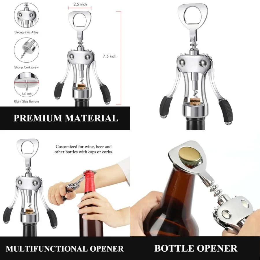Wine Opener, Heavy-Duty Zinc Alloy Wing Corkscrew, Premium Beer Bottle Opener, Multifunctional Wine Accessories with Ergonomic Handle and Sharp Screw, for Kitchen, Bar, Restaurant (SILVER)
Wine Opener, Heavy-Duty Zinc Alloy Wing Corkscrew, Premium Beer Bottle Opener, Multifunctional Wine Accessories with Ergonomic Handle and Sharp Screw, for Kitchen, Bar, Restaurant (SILVER)