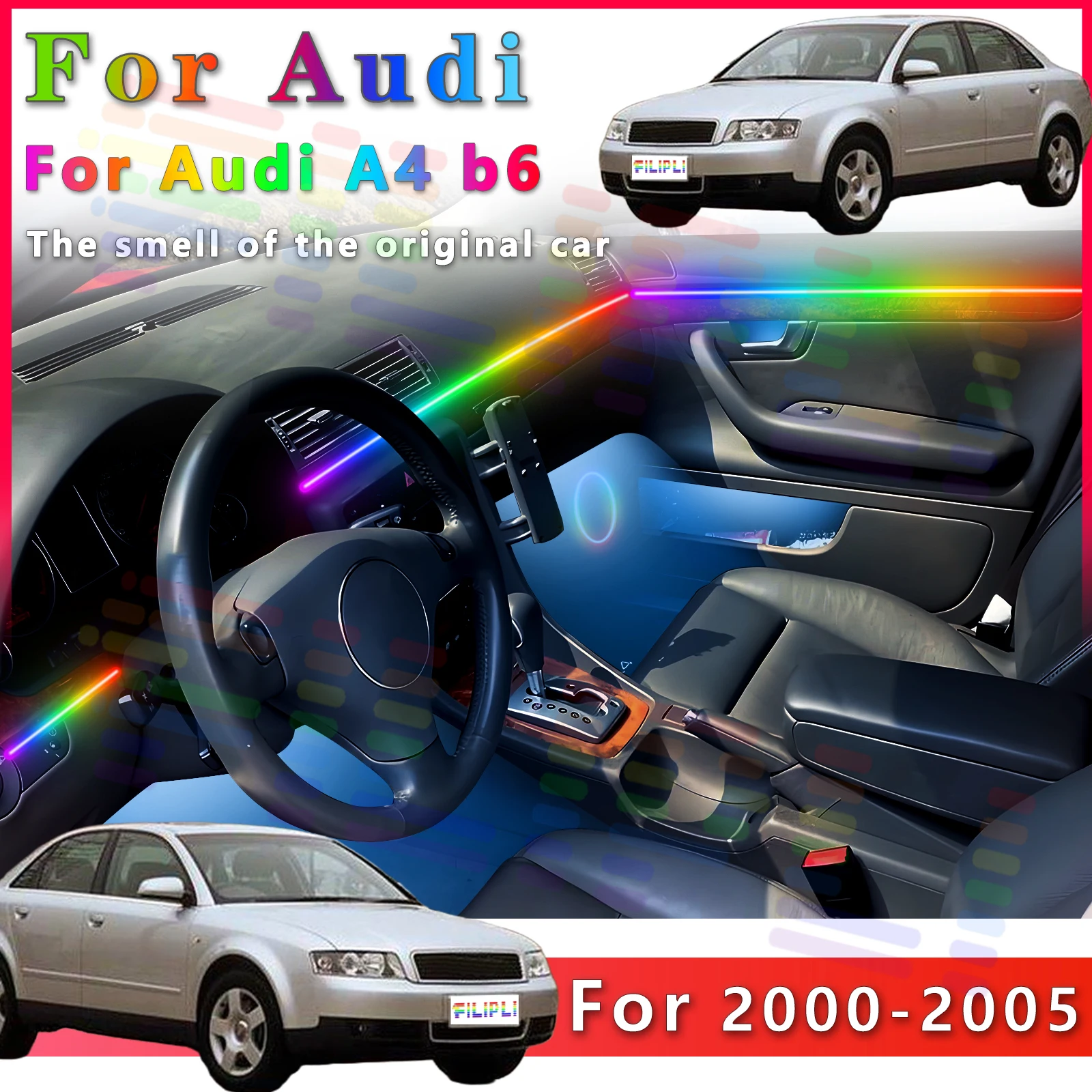 FILIPLI для Audi A4 B6 светодиодная 64-цветная внутренняя световая полоса с комплексным цветовым диапазоном для автомобиля - улучшите вождение настроения
FILIPLI для Audi A4 B6 светодиодная 64-цветная внутренняя световая полоса с комплексным цветовым диапазоном для автомобиля - улучшите вождение настроения