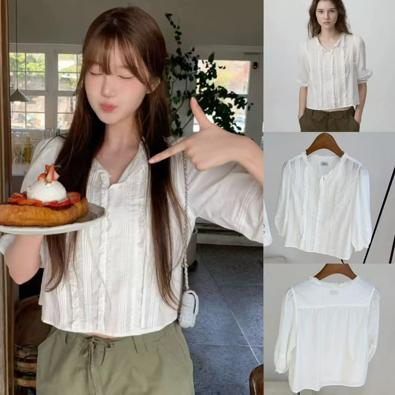 Sweet Korean Style Shirt Half Open Collar Bow Tie mid Sleeve White Top Wooden Trim Loose Fit Short Length Women's Shirt
Sweet Korean Style Shirt Half Open Collar Bow Tie mid Sleeve White Top Wooden Trim Loose Fit Short Length Women's Shirt