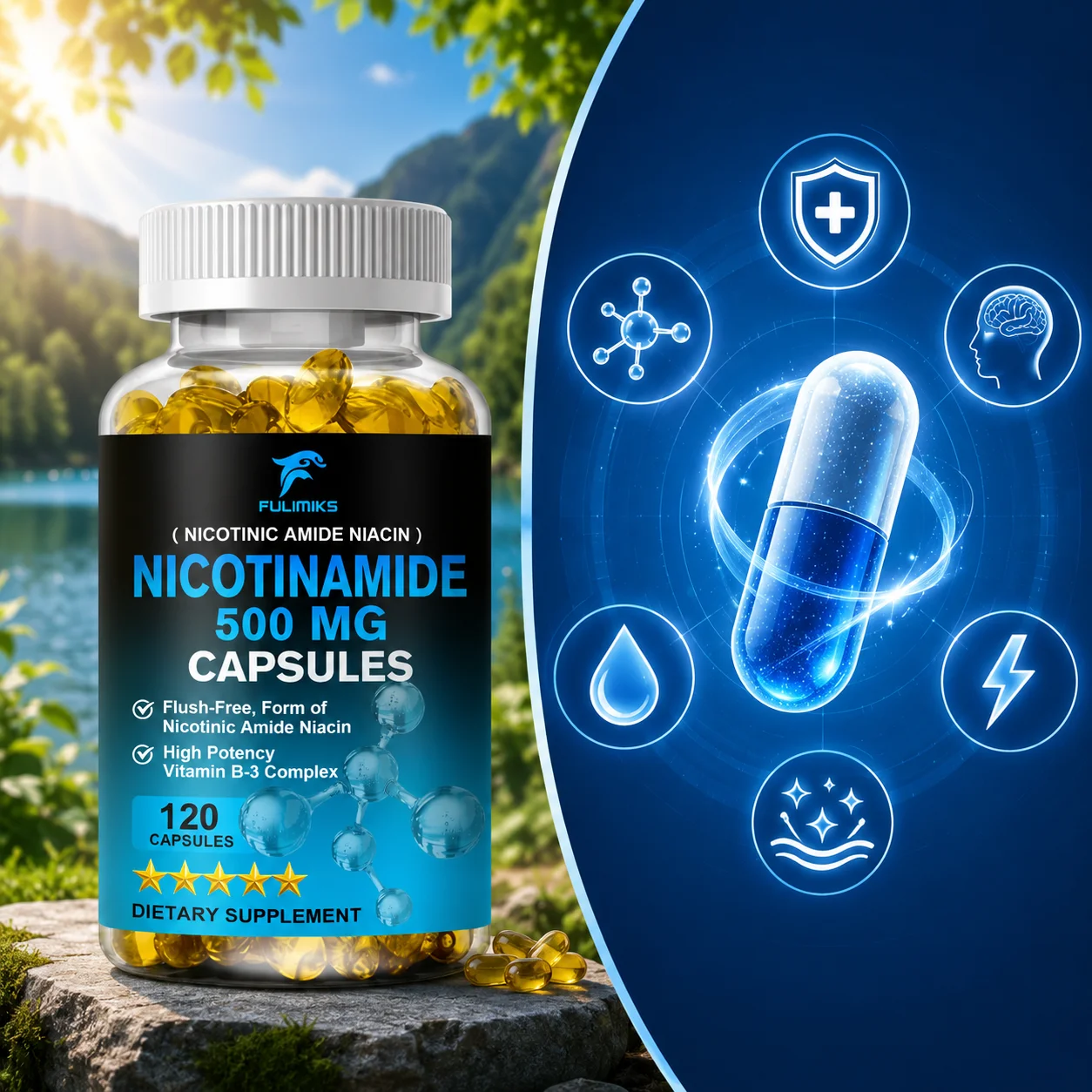 FULIMIKS Nicotinamide Vitamin B3 Supplement, Supports NAD+ Levels, Energy Metabolism, Skin Health, Cellular Repair & Vitality
FULIMIKS Nicotinamide Vitamin B3 Supplement, Supports NAD+ Levels, Energy Metabolism, Skin Health, Cellular Repair & Vitality