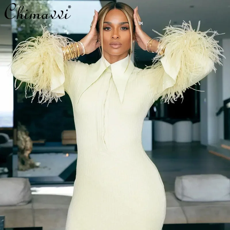 American Lapel Feather Splicing Long-sleeve Single-breasted Slim Fit Sexy Hip-wrapped Yellow Knitted Long Dress for Women Autumn
American Lapel Feather Splicing Long-sleeve Single-breasted Slim Fit Sexy Hip-wrapped Yellow Knitted Long Dress for Women Autumn