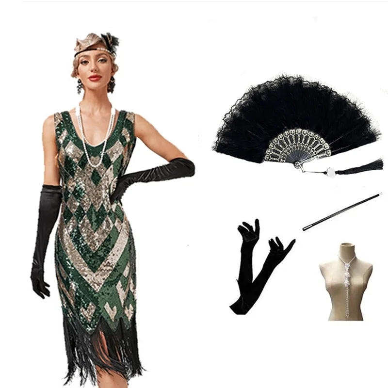 1920s Vintage Sequin Tassel Dress Great Gatsby V-neck Evening Dress Sequin Dress Toast Party Dance Dress Fan Set
1920s Vintage Sequin Tassel Dress Great Gatsby V-neck Evening Dress Sequin Dress Toast Party Dance Dress Fan Set