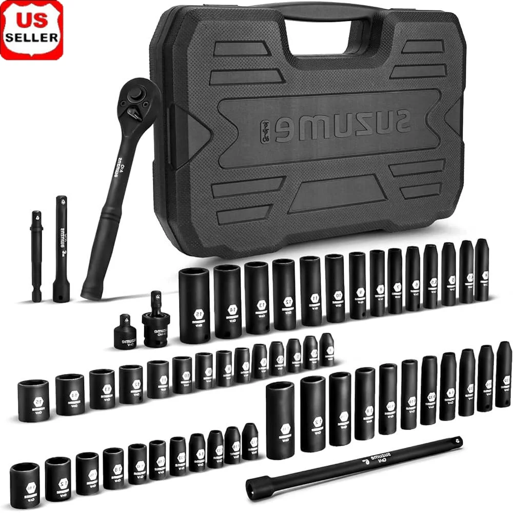 56-Piece 1/4 Inch Drive Impact Socket Set Cr-V Steel 6 Point Deep Shallow Metric SAE Torque Tools with Storage Case
56-Piece 1/4 Inch Drive Impact Socket Set Cr-V Steel 6 Point Deep Shallow Metric SAE Torque Tools with Storage Case