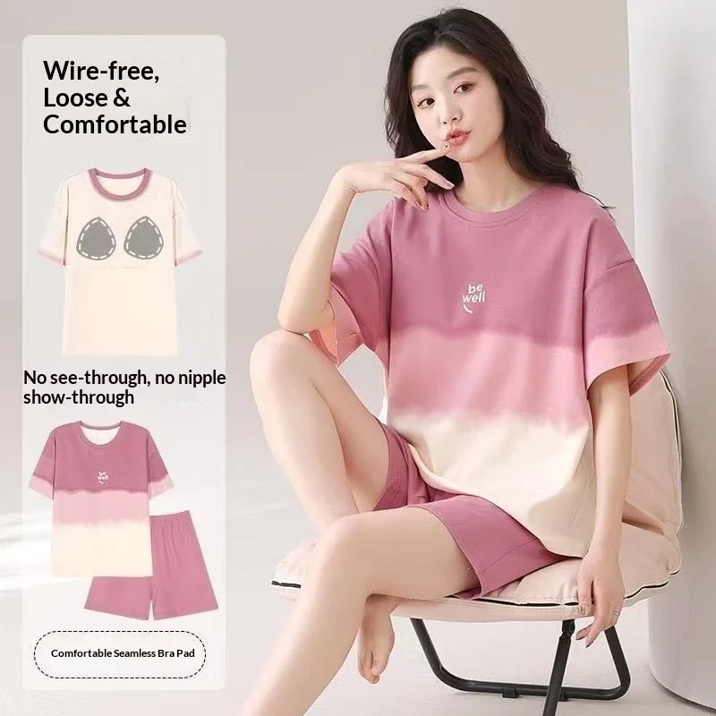 Summer Women's Short Sleeved Pajamas with Chest Cushion Home Suit Set, Heart-shaped Round Neck Shorts Pajamas Home Suit Set
Summer Women's Short Sleeved Pajamas with Chest Cushion Home Suit Set, Heart-shaped Round Neck Shorts Pajamas Home Suit Set
