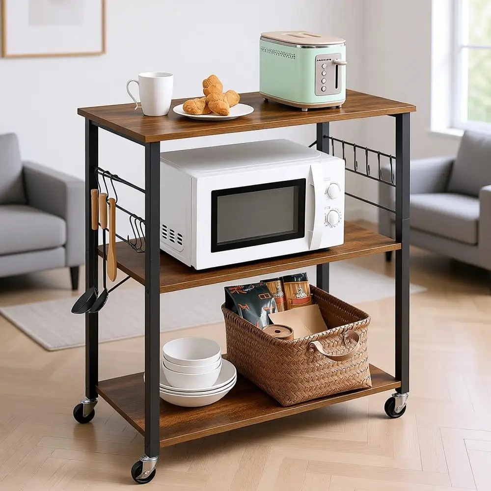 31.5 Serving Cart with 3 Shelves, Rustic Industrial Style, Kitchen Utility Cart for Microwave, Toaster, and Mini Oven, 6 Hooks,
31.5 Serving Cart with 3 Shelves, Rustic Industrial Style, Kitchen Utility Cart for Microwave, Toaster, and Mini Oven, 6 Hooks,