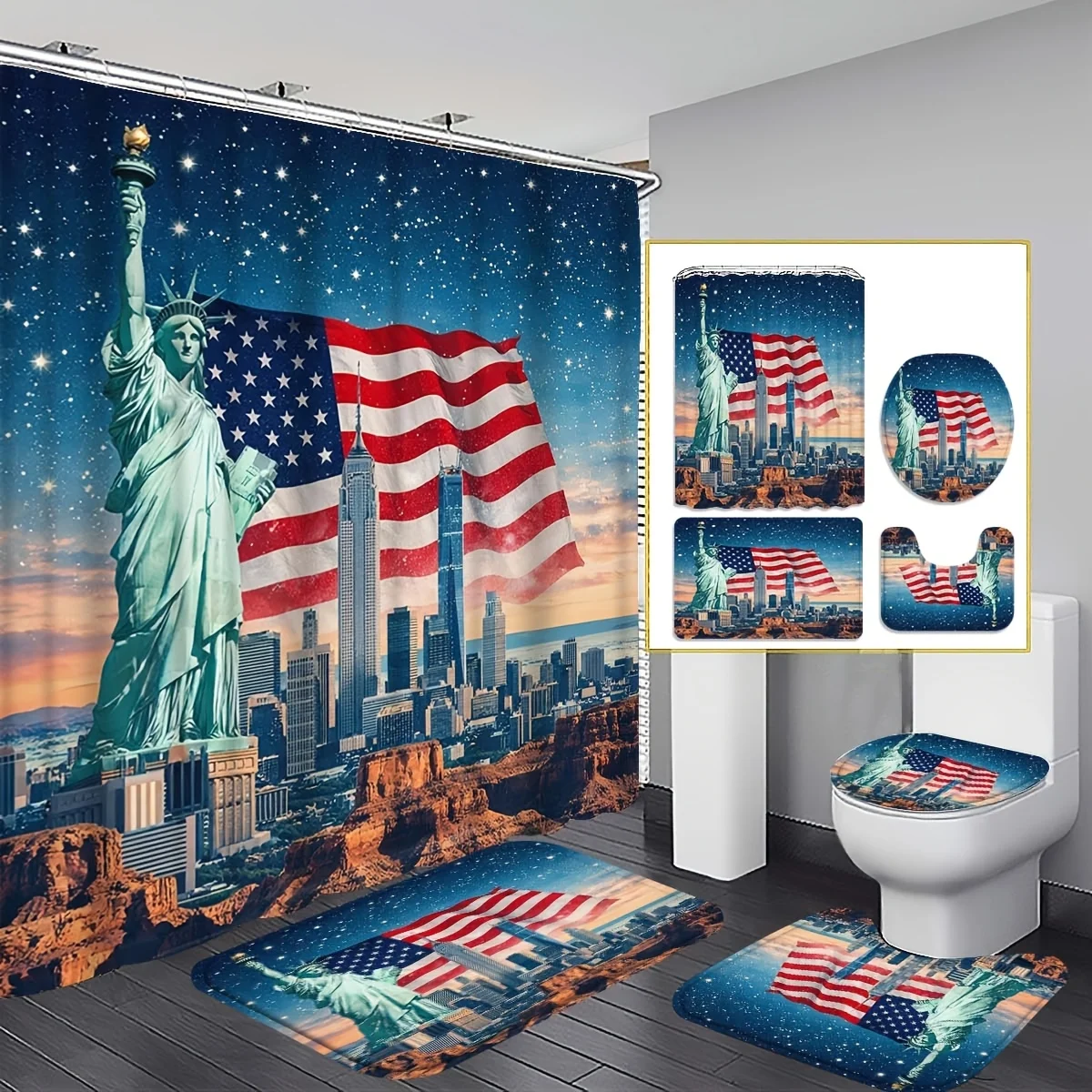 4 Pcs American Patriotic Shower Curtain Set Statue of Liberty USA Flag City Print with Hooks U Shaped Pad Toilet Lid Cover
4 Pcs American Patriotic Shower Curtain Set Statue of Liberty USA Flag City Print with Hooks U Shaped Pad Toilet Lid Cover