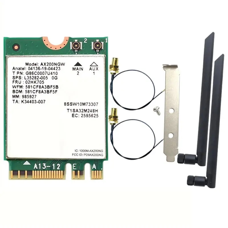 AT82-AX200NGW WI-FI 6 Network Card M.2 NGFF 2.4Ghz/5G 2974Mbps Wifi Card 802.11Ax Bluetooth 5.2 Wifi Adapter W/8Dbi Antenna
AT82-AX200NGW WI-FI 6 Network Card M.2 NGFF 2.4Ghz/5G 2974Mbps Wifi Card 802.11Ax Bluetooth 5.2 Wifi Adapter W/8Dbi Antenna
