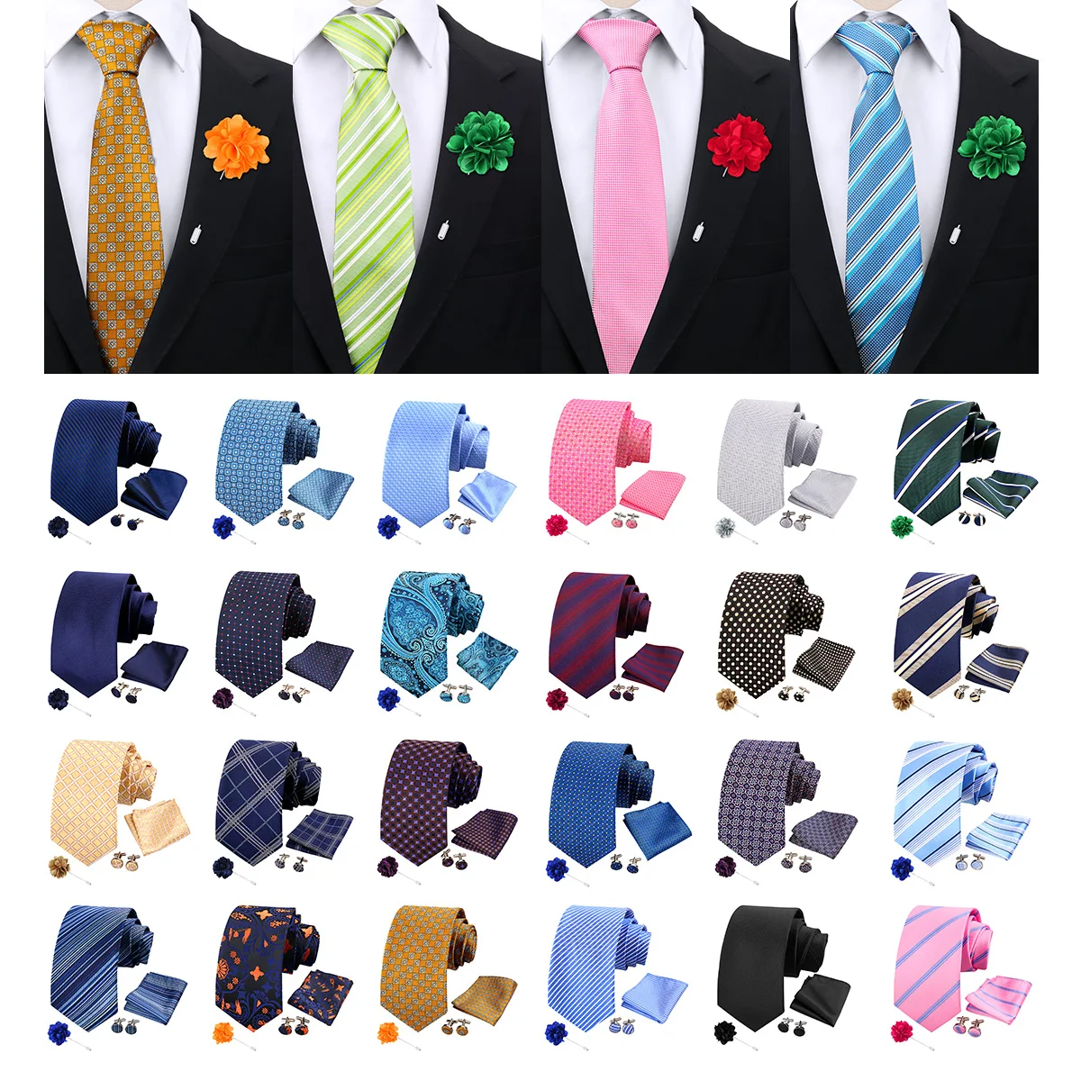 58 Styles Men Tie Sets Luxury Stripe with Pocket Square Cufflinks Floral Brooch Paisley Floral Polka Dot Wedding Business
58 Styles Men Tie Sets Luxury Stripe with Pocket Square Cufflinks Floral Brooch Paisley Floral Polka Dot Wedding Business