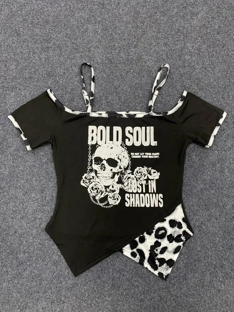 Y2K black and white leopard print two-piece false halter top, skull print dark punk style T-shirt casual women's wear
Y2K black and white leopard print two-piece false halter top, skull print dark punk style T-shirt casual women's wear