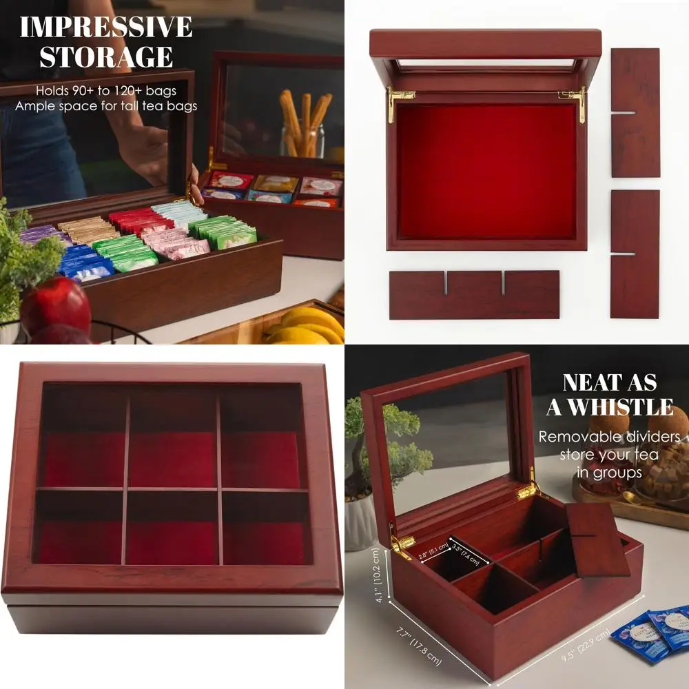 Elegant Handcrafted Wooden 6-Compartment Tea Bag Organizer with Scratch-Resistant Glass Lid
Elegant Handcrafted Wooden 6-Compartment Tea Bag Organizer with Scratch-Resistant Glass Lid